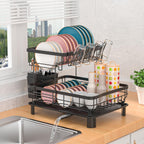 2Tier Black Dish Drainer Rack with Utensil Holder  Drip Tray  Swivel Spout  Draining Board