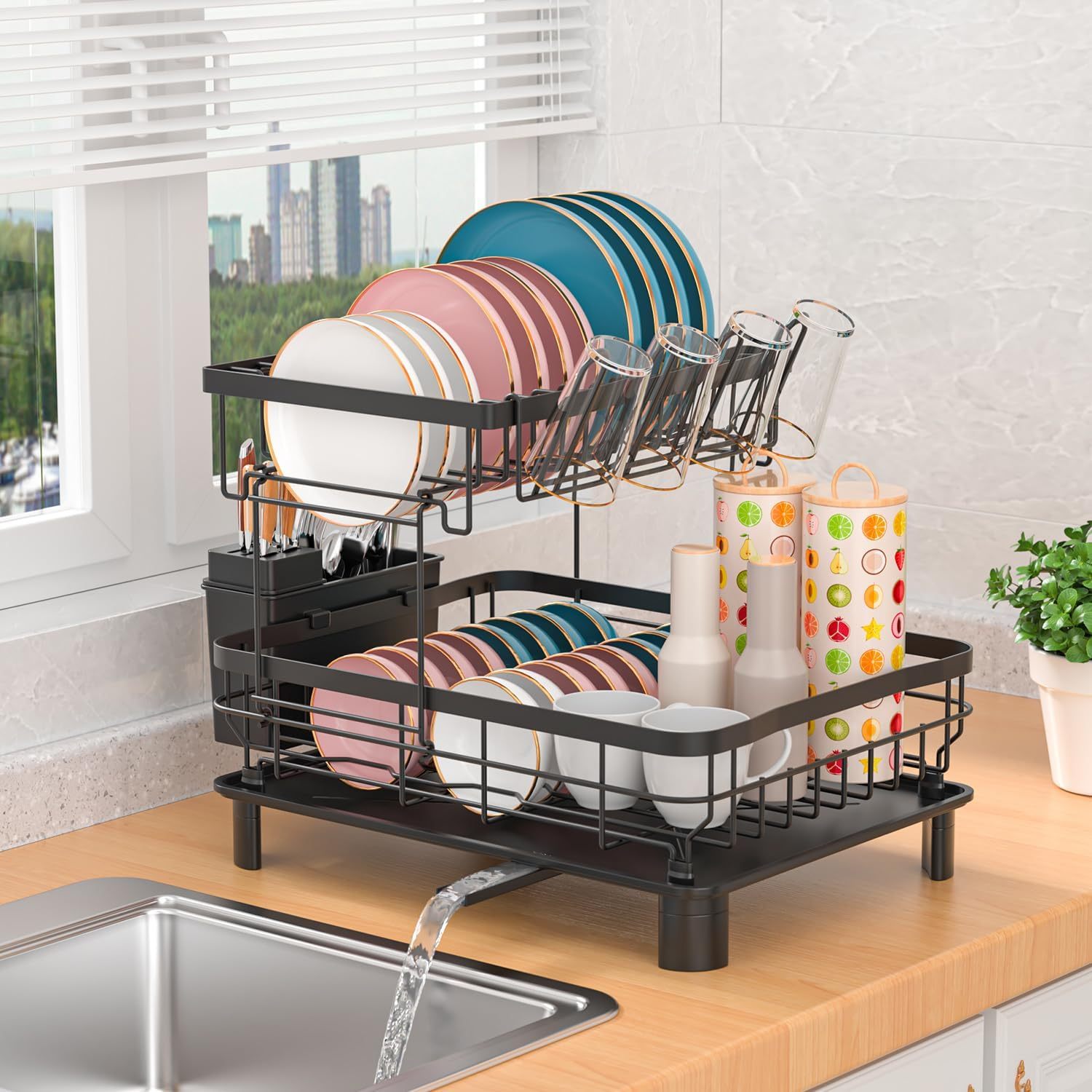 2Tier Black Dish Drainer Rack with Utensil Holder  Drip Tray  Swivel Spout  Draining Board